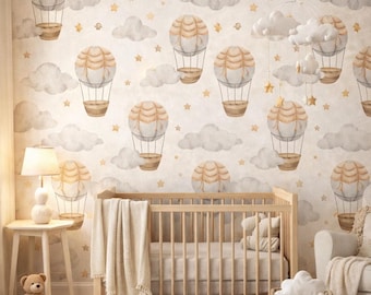 Hot Air Balloon Nursery Wallpaper, Scandinavian Clouds Stars, Beige Peel Stick Wall Mural
