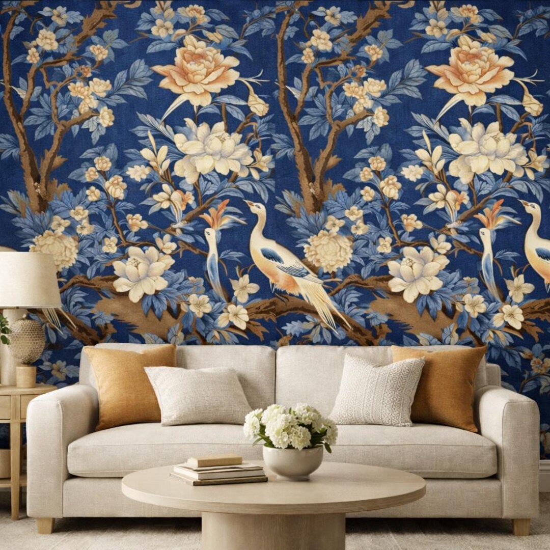 Chinoiserie Wallpaper: Blue Floral Bird Botanical Mural, Asian Style ...