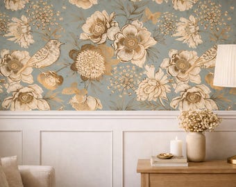 Vintage Botanical Bird Wallpaper, Floral Chinoiserie Wall Mural (Peel and Stick)