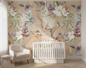 Floral Woodland Animals Nursery Wallpaper, Whimsical Kids Room Wall Mural