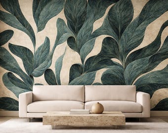 Organic Leaf Wallpaper, Textured Botanical Wall Mural (Peel and Stick)