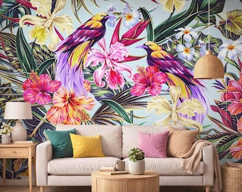 Tropical Birds Wallpaper, Exotic Floral Wall Mural, Statement Decor