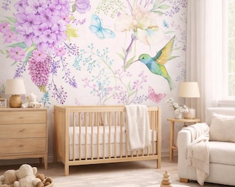 Watercolor Floral Bird Wallpaper, Botanical Nursery Wall Mural, Pastel Butterfly Kids Room Wallpaper Panels