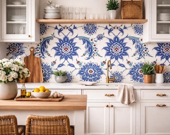 Blue Floral Iznik Tile Wallpaper | Ottoman Mediterranean Wall Mural (Peel and Stick)