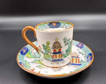 Vintage Crown Staffordshire Demitasse Cup and Saucer Bone China England Hand Painted Oriental Scene w Inscription