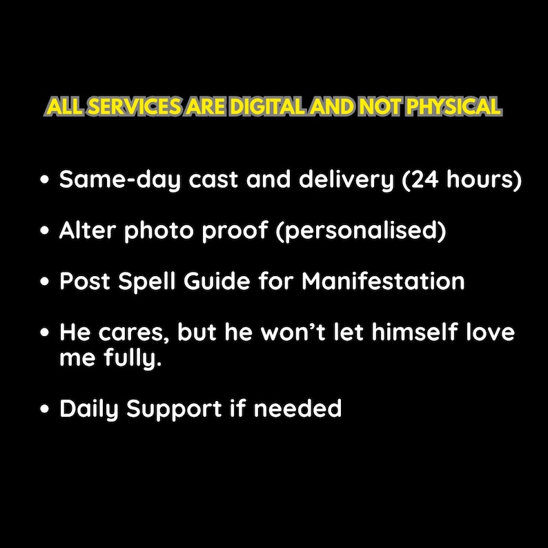 May include: Black background with yellow text stating "ALL SERVICES ARE DIGITAL AND NOT PHYSICAL." Bullet points list services including same-day delivery, photo proofing, and a manifestation guide. Additional services include daily support.