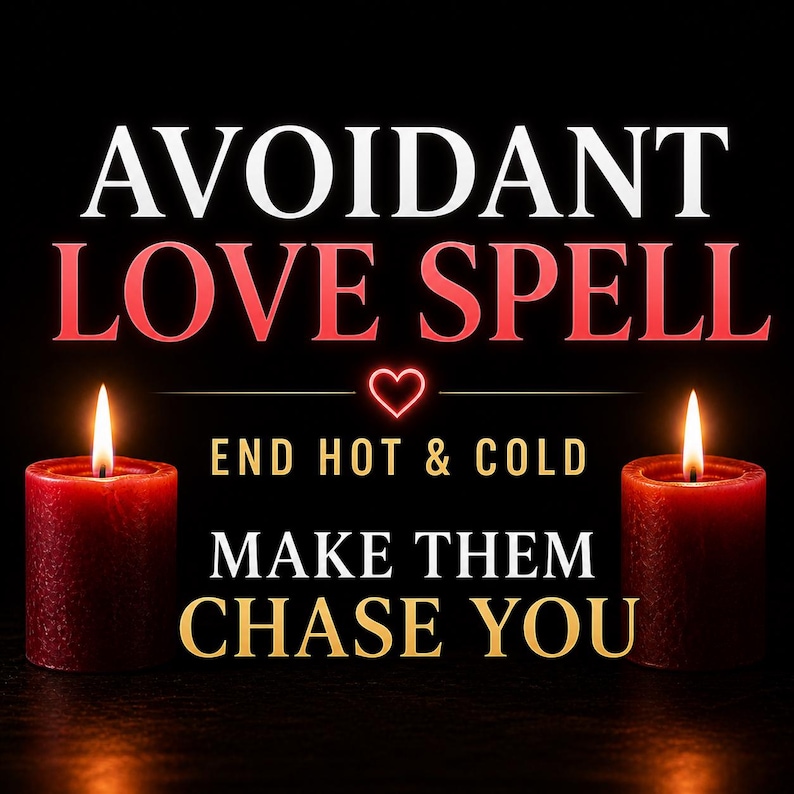 May include: A black background with the words "Avoidant Love Spell" in white and red. Two red candles with lit flames flank the text "End Hot & Cold" and "Make Them Chase You". A heart symbol is between the phrases.
