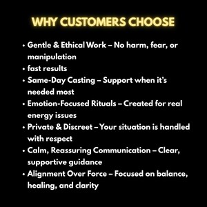 May include: A black background with the text "WHY CUSTOMERS CHOOSE" in a glowing yellow font. Below, bullet points list reasons such as "Gentle & Ethical Work," "fast results," and "Same-Day Casting," promoting services.