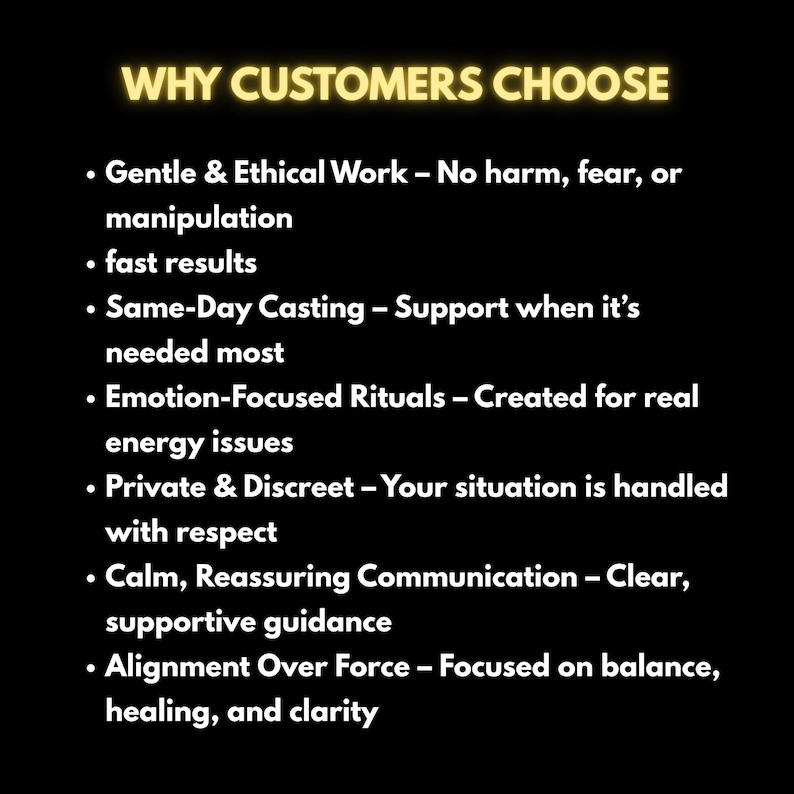 May include: A black background with the text "WHY CUSTOMERS CHOOSE" in a glowing yellow font. Below, bullet points list reasons such as "Gentle & Ethical Work," "fast results," and "Same-Day Casting," promoting services.