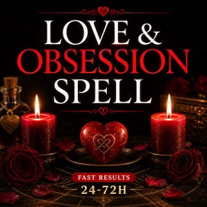 May include: A dark image with the text "LOVE & OBSESSION SPELL" in white and red. The image features two lit red candles, a heart-shaped object, and rose petals. The text "FAST RESULTS 24-72H" is also present.