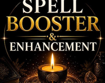 Pode incluir: Ilustração digital com as palavras "SPELL BOOSTER & ENHANCEMENT" em letras douradas e brancas. Uma vela acesa em uma tigela decorativa com um desenho de árvore da vida. Um livro e outros itens místicos também estão presentes.
