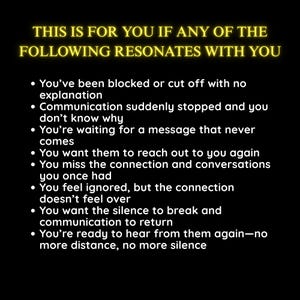 May include: Black background with yellow text that reads "THIS IS FOR YOU IF ANY OF THE FOLLOWING RESONATES WITH YOU." Below, bullet points list feelings of being blocked, ignored, or missing a connection. The text is easy to read.
