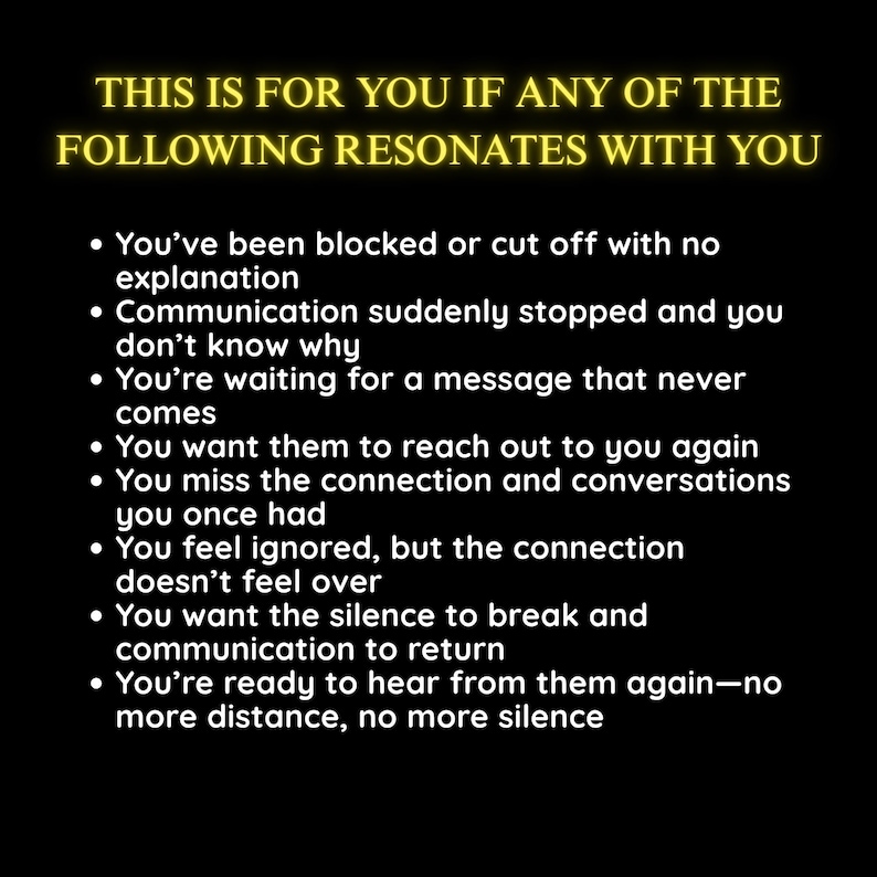 May include: Black background with yellow text that reads "THIS IS FOR YOU IF ANY OF THE FOLLOWING RESONATES WITH YOU." Below, bullet points list feelings of being blocked, ignored, or missing a connection. The text is easy to read.