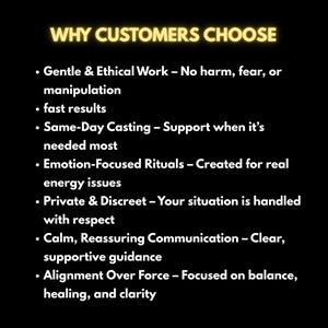 May include: A black background with the text "WHY CUSTOMERS CHOOSE" in a glowing yellow font. Below, bullet points list reasons such as "Gentle & Ethical Work," "fast results," and "Same-Day Casting."