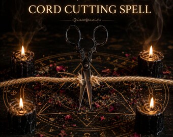 Pode incluir: Um par de tesouras de metal preto ornamentado cortando uma corda grossa de cor castanha, posicionadas no centro de um tapete circular com símbolos ocultos dourados. Quatro velas de pilar pretas com chamas acesas rodeiam a tesoura, com pétalas de rosa secas.