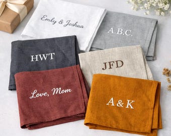 Linen Handkerchief, Personalized Embroidered Hankie, Custom Initials Pocket Square, Soft Linen Cloth, Men's Handkerchief, Color Options