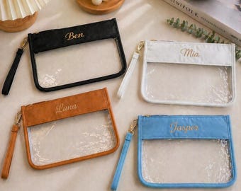 Estuche transparente personalizado con nombre, bolso de mano bordado personalizado, neceser transparente, organizador de viaje, cartera de mano impermeable, portadocumentos A4