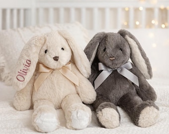 Personalized Embroidered Bunny Plush – Baby Keepsake Toy with Satin Bow
