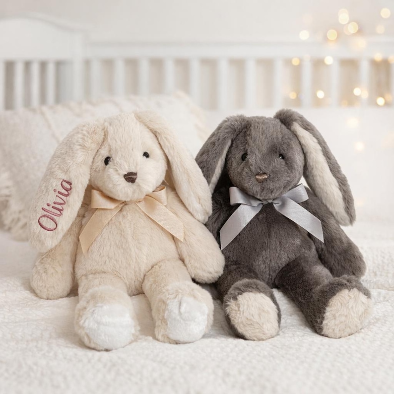 Stuffed Silver Rabbit Personalized Embroidered Bunny Plush – Baby Keepsake Toy With Satin Bow ...