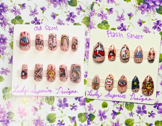 Tattoo Inspired Press on Nails, Traditional Tattoo Artificial Nail Kit