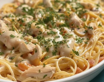 Easy Recipe For Chicken Spaghetti Bake Recipe – Creamy Cheesy Casserole (PDF Download A4 Size)