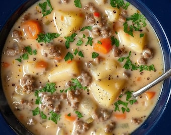 Bestes Rezept für cremige Kartoffel- und Hamburgersuppe, hausgemachte Suppe, druckbare PDF, Sofort-Download, Comfort Food-Rezept