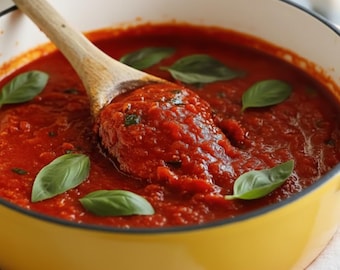Bestes Rezept für hausgemachte Pizzasauce zum Ausdrucken, einfache italienische Tomatensauce, klassische Pizza- und Pastasauce, rustikale Tomatensauce (PDF A4)