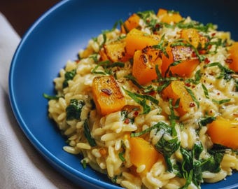 Easy Recipe For Creamy Butternut Squash Orzo and Spinach, Lemon Zest and Fresh Herbs – Cozy Vegetarian Comfort Food, Digital Download