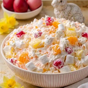 Può includere: Una ciotola di insalata ambrosia con marshmallow, mandarini, pezzi di ananas e ciliegie. L'insalata è in una ciotola bianca con strisce rosa. Uova di Pasqua e un coniglietto di ceramica sullo sfondo.