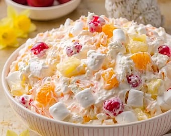 Recette de salade d'ambroisie tropicale, salade de desserts de Pâques, salade de fruits crémeuse, recette facile des rassemblements de printemps, recette imprimable, téléchargement immédiat