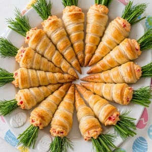 Puede incluir: Un plato blanco presenta una disposición circular de aperitivos salados. Cada aperitivo se asemeja a una zanahoria, con un cono de hojaldre dorado y escamoso relleno con una mezcla rojo-naranja. Ramitas de eneldo verde se colocan en la base de cada pastel.