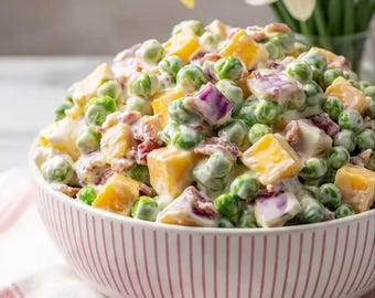 Creamy Easter Pea Salad Recipe, Bacon Cheddar Pea Salad, Classic Holiday Side Dish, Easy Spring Salad, Printable Recipe, Easter Side Dish