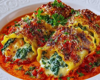 Mit Garnelen & Spinat gefüllte Pasta Rolls Download, einfaches hausgemachtes Abendessen, druckbares PDF Rezept, sofortiger Download, italienische Pasta mit Meerfrüchten, Essen
