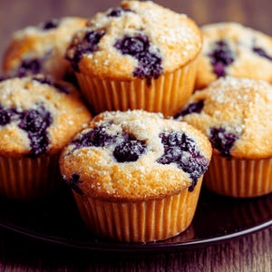 May include: Close-up of six golden blueberry muffins on a dark plate. The muffins have a slightly domed top, with visible blueberries and a dusting of sugar. The muffin cases are a light brown colour.