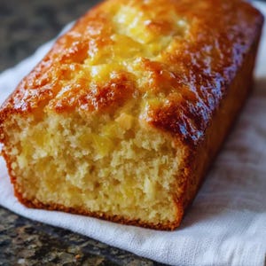 Op de afbeelding: Een goudbruin brood met een glanzend, geglazuurd oppervlak. Het brood heeft een lichtgele binnenkant met zichtbare stukjes fruit. Het ligt op een witte doek, wat duidt op een zelfgebakken product.