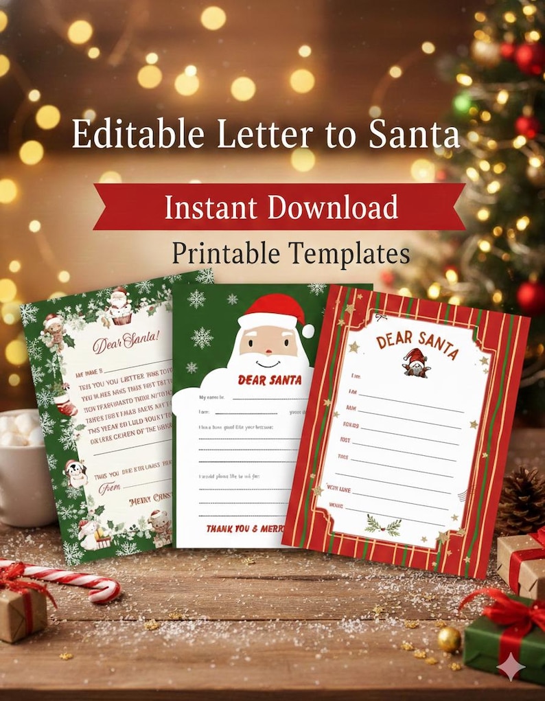 Printable Letter to Santa Templates, Christmas Wish List PDF, Editable