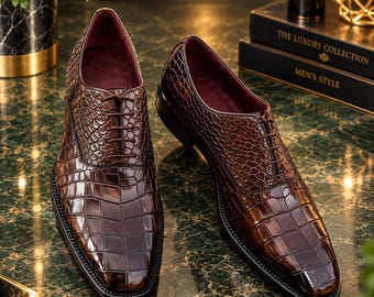 Handmade Brown Crocodile-Textured Leather Oxford Shoes for Men, Luxury Dress Footwear