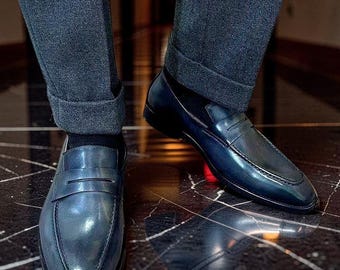 Handmade Leather Blue Moccasins Shoes, Slip On Business Shoes, Dress Loafer Shoe