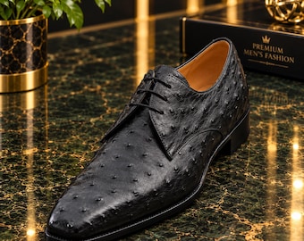 Black Ostrich-Patterned Dress Shoes for Men, Handmade Leather Lace-Up Derby Shoes