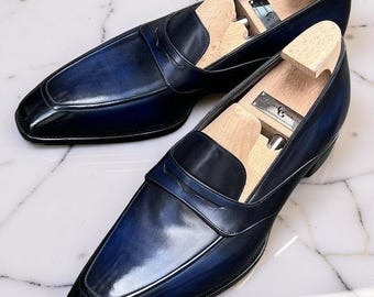 Bespoke Men's Handmade Two Tone Leather Shaded Oxford Moccasin Slip On Shoes Men