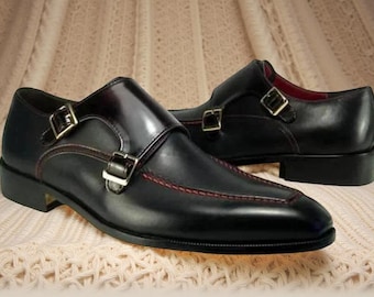 Handmade Black Leather Double Monk Strap Dress Shoes