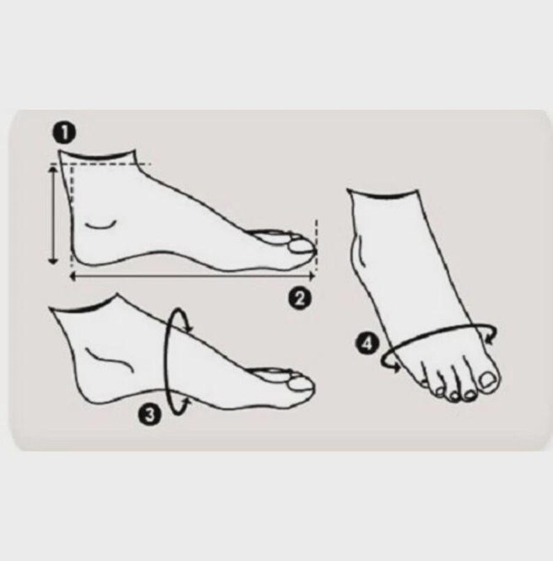 Puede incluir: Diagrama que ilustra los puntos de medici&oacute;n del pie para el tallaje de zapatos. La imagen muestra cuatro ilustraciones numeradas de un pie, que indican las medidas de longitud, anchura y circunferencia. El diagrama es en blanco y negro.