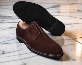 Mens Handmade Shoes Brown Suede Derby Lace Up Formal Wear Casual Dress Boots New