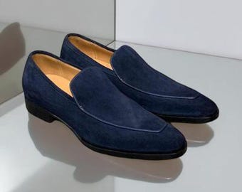 Mocasines de cuero azul marino hechos a mano, zapatos de vestir de gamuza para hombre