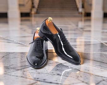 Handmade Men Black Patent Leather Wholecut Oxford Dress Shoes, Formal Shoes