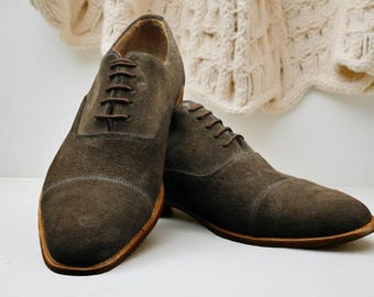 Mens Handmade Shoes Genuine Brown Suede Lace-Up Oxford Toe Cap Formal Wear Boots