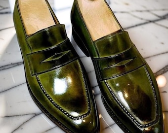 Handcrafted New Men's Olive Green Leather Slip On Moccasin Formal Fashion Shoes