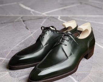 Handmade men green derby dress shoes, formal leather office shoes for mens