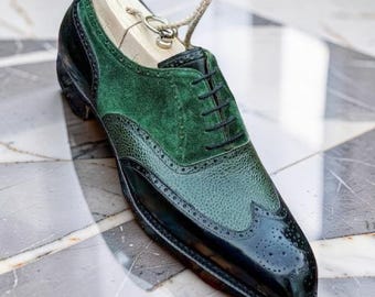 Zapatos de vestir tipo brogue de cuero verde hechos a mano para hombre, con cordones, estilo formal.