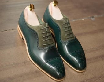 Green Leather Suede Cap Toe Brogue Oxford Lace up Men Formal Shoes